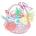 Easter eggs with flowers in a basket with ribbon. Hand drawn sketch color outline ink vector illustration Royalty Free Stock Photo
